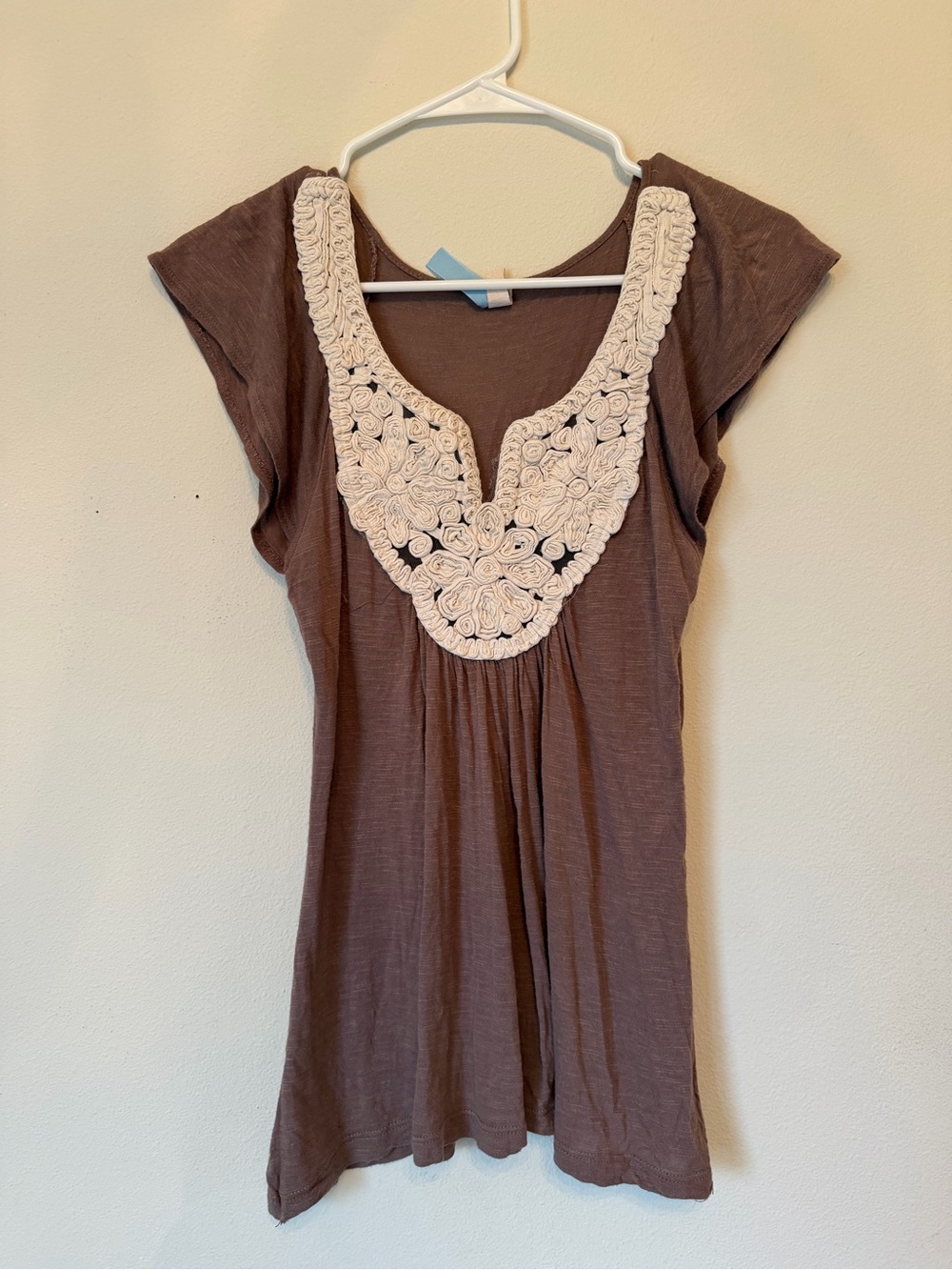 Brown Women's Scoop Neck Top with Cream Crochet Detail